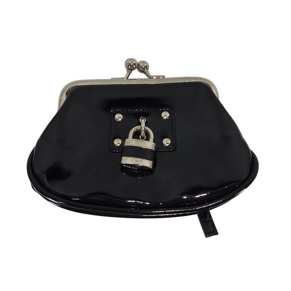 BLACK FAUX PATENT LEATHER CLUTCH PURSE W/ LOCK CHARM, BOTTOM ZIP POCKET – 7"x4" - Picture 1 of 8